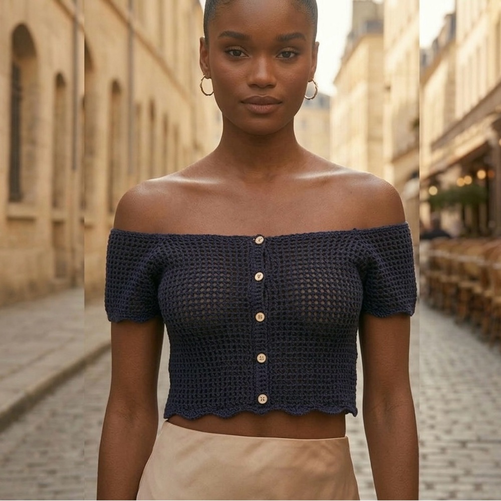 Forever 21 Navy Blue Crochet Off-Shoulder Button-Up Crop Top